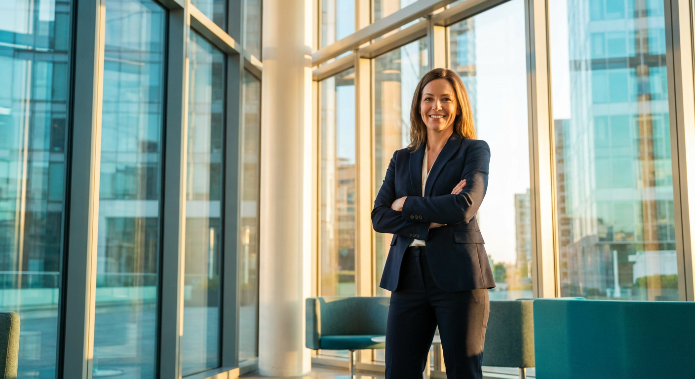 Business woman in modern office lobby